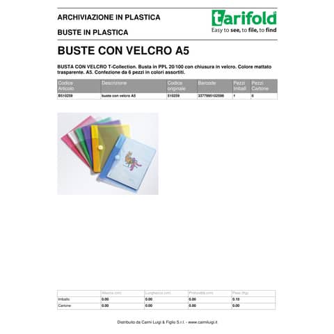 Buste con bottone Tarifold® T-Collection chiusura in velcro - A5 conf. 6 buste - B510259